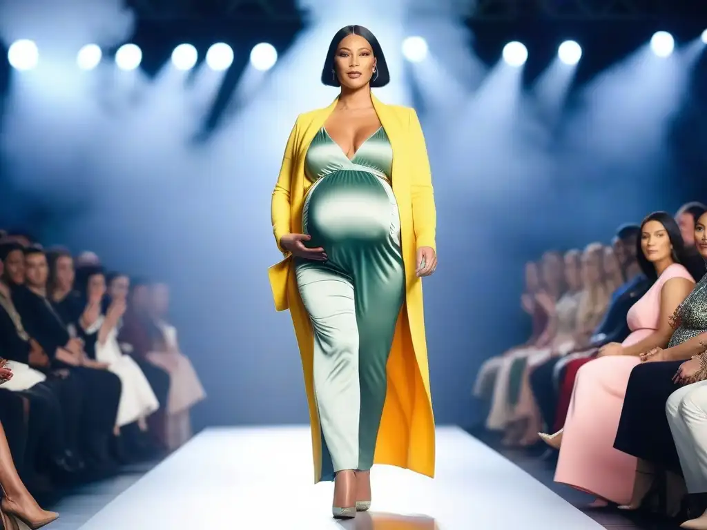 Desfile de moda inclusiva: empoderamiento en la maternidad Desfile de moda maternal inclusiva diversa tendencias con mujeres embarazadas de diferentes etnias, estilos y cuerpos desfilando con confianza en una pasarela, rodeadas de espectadores celebrando