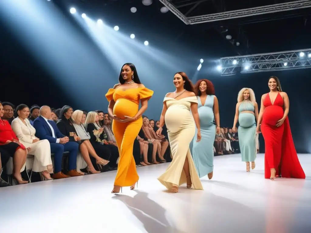 Pasarela inclusiva: mujeres embarazadas desfilan con estilo y diversidad Desfile de moda maternal inclusiva diversa tendencias con mujeres embarazadas de diferentes etnias y estilos, luciendo prendas elegantes y modernas en una pasarela
