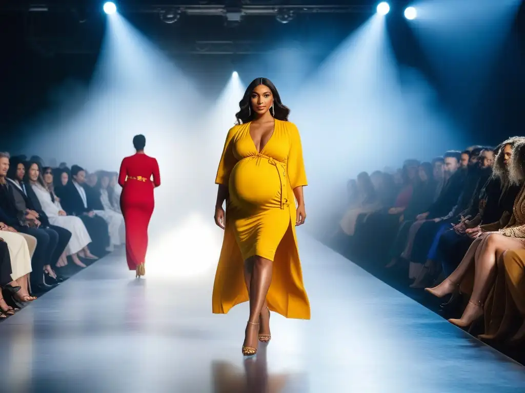 Desfile de moda de embarazadas: diversidad y estilo Desfile de moda maternal inclusiva diversa tendencias en pasarela con mujeres embarazadas