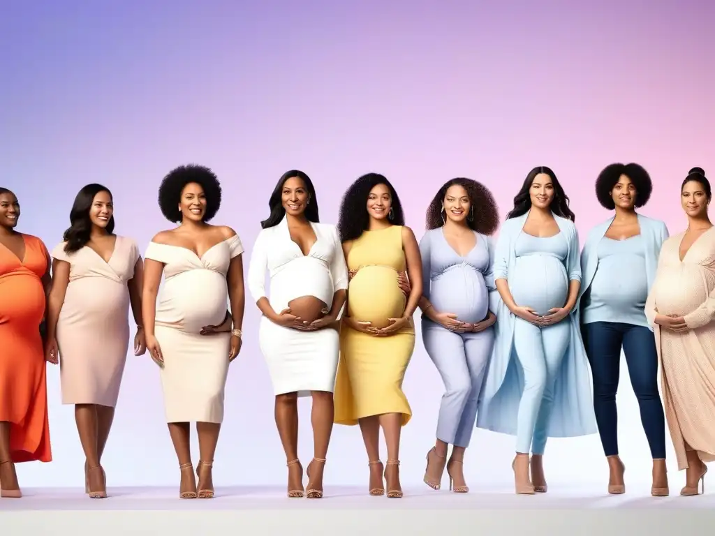 Desfile de moda inclusiva: mujeres embarazadas empoderadas Desfile de moda maternal inclusiva con mujeres embarazadas de diferentes etnias y estilos, mostrando empoderamiento y estilo
