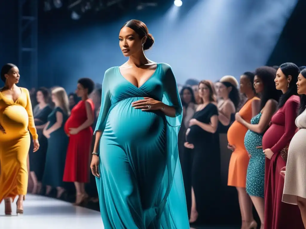 Desfile de moda de embarazadas: diversidad y elegancia Un desfile de moda maternal inclusiva con mujeres embarazadas de diversas etnias y estilos desfilando con confianza