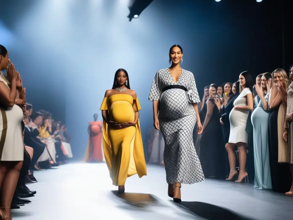 Desfile inclusivo: mujeres embarazadas lucen moda vibrante en la pasarela Desfile de moda maternal inclusivo con mujeres embarazadas de diversas etnias y cuerpos, en una pasarela vibrante y diversa