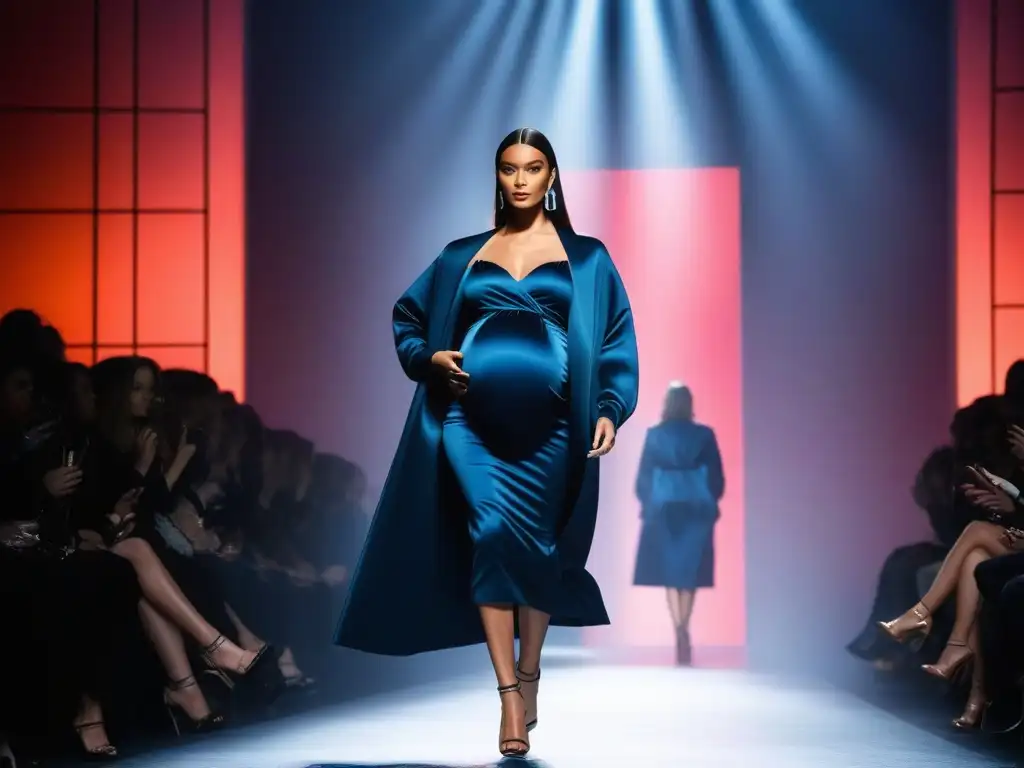 Desfile de moda premamá: tendencias internacionales innovadoras Desfile de moda maternal internacional con modelos embarazadas luciendo tendencias vanguardistas y elegantes en la pasarela