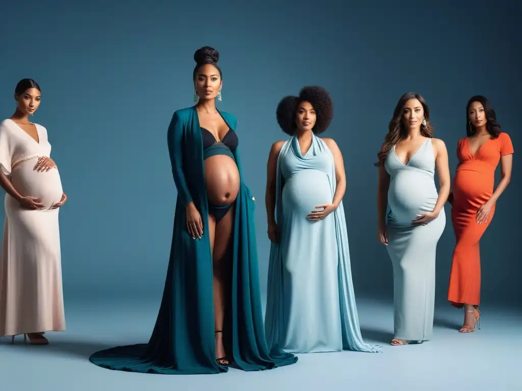 Moda maternal inclusiva: embarazadas diversas lucen colección de diseñador Un desfile de moda maternidad inclusiva con mujeres embarazadas de diversas etnias y tallas, luciendo prendas elegantes y modernas
