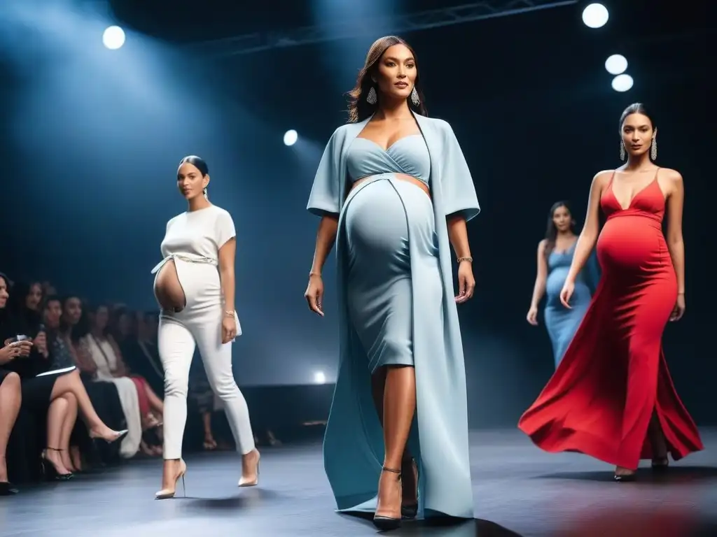 Desfile de moda de embarazadas: diversidad y empoderamiento Desfile de moda maternidad inclusiva tallas diversas con mujeres embarazadas de distintas etnias y estilos, empoderadas y elegantes en la pasarela