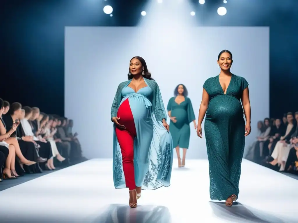 Desfile de moda de embarazadas: diversidad y estilo en la pasarela Desfile de moda maternidad inclusiva con mujeres embarazadas de diversas etnias y estilos, exudando confianza y gracia en atuendos elegantes
