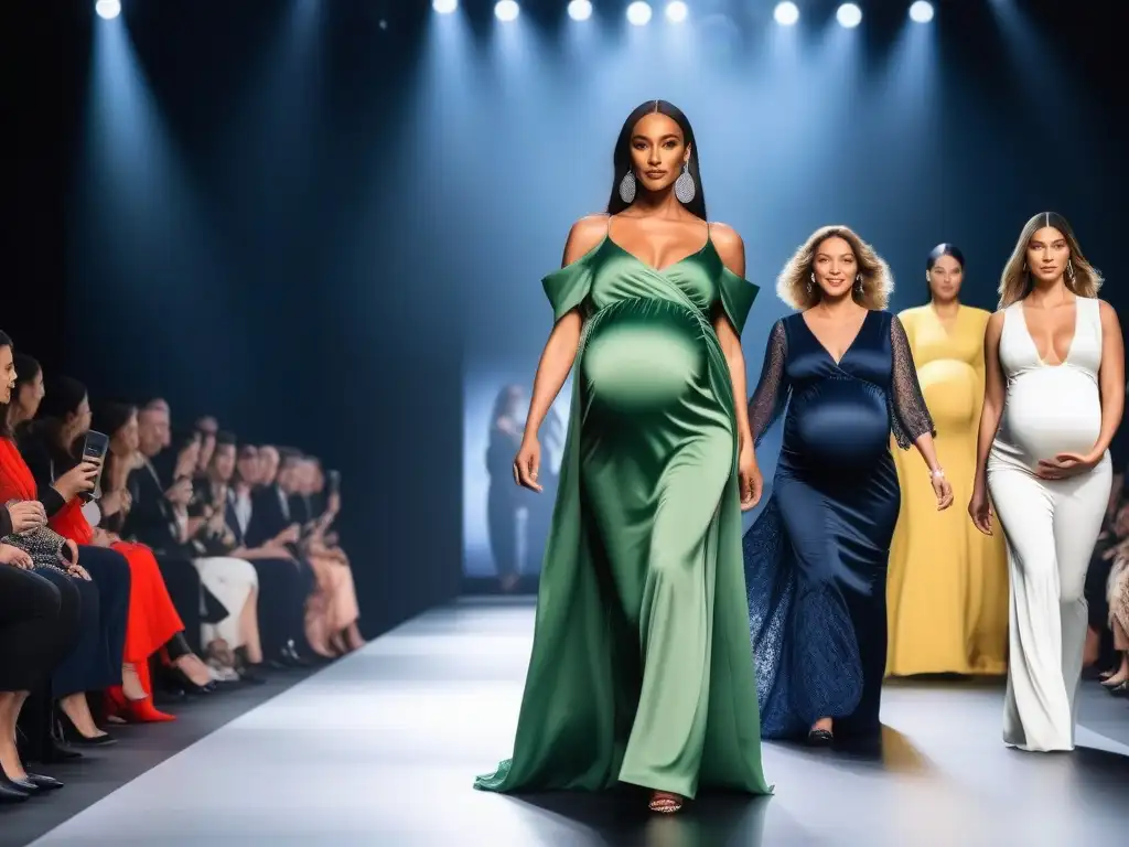 Desfile de moda de embarazadas: diversidad y elegancia Un desfile de moda maternidad inclusiva con diseñadores transformando, mujeres embarazadas diversas lucen elegantes y seguras en la pasarela
