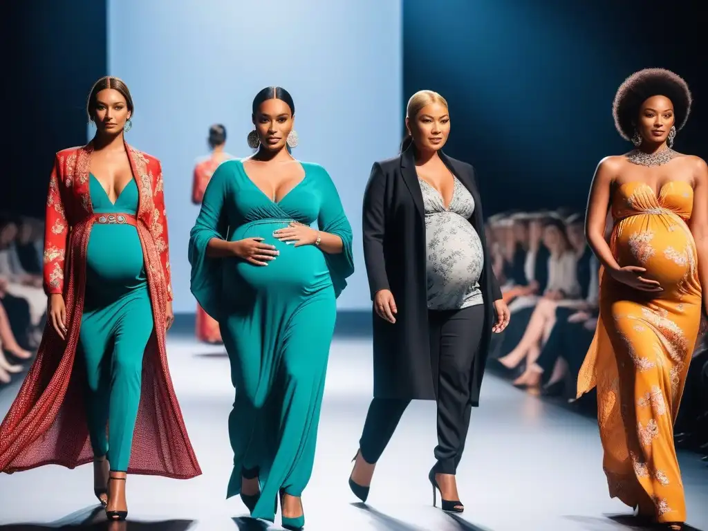 Desfile de moda de embarazadas: diversidad y estilo inclusivo Desfile de moda maternidad con modelos diversas mostrando colaboraciones inclusivas