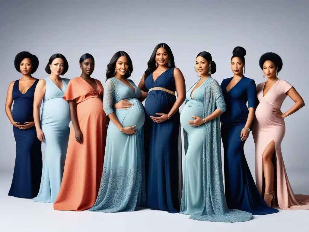 Desfile de moda maternal: empoderamiento y diversidad Desfile de moda de maternidad con mujeres embarazadas diversas y elegantes desfilando por la pasarela, irradiando empoderamiento y estilo inclusivo