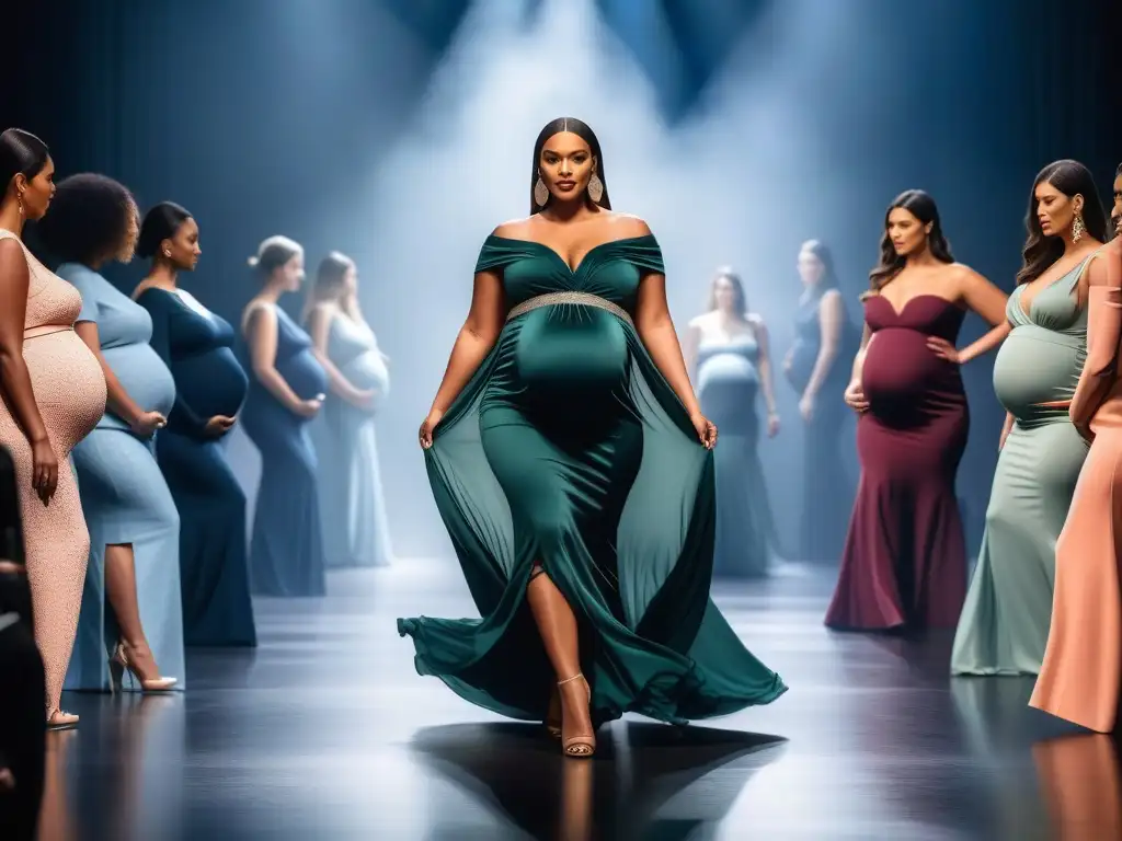 Desfile moda premamá: diversidad y estilo plus size Desfile de moda maternidad tallas especiales: modelos embarazadas diversos exhiben elegancia y empoderamiento en la pasarela