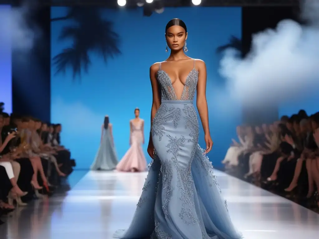 Desfile de moda haute couture con modelo petite: elegancia y poder Desfile de moda con modelo petite luciendo alta costura, fusionando marcas en una pasarela elegante y sofisticada