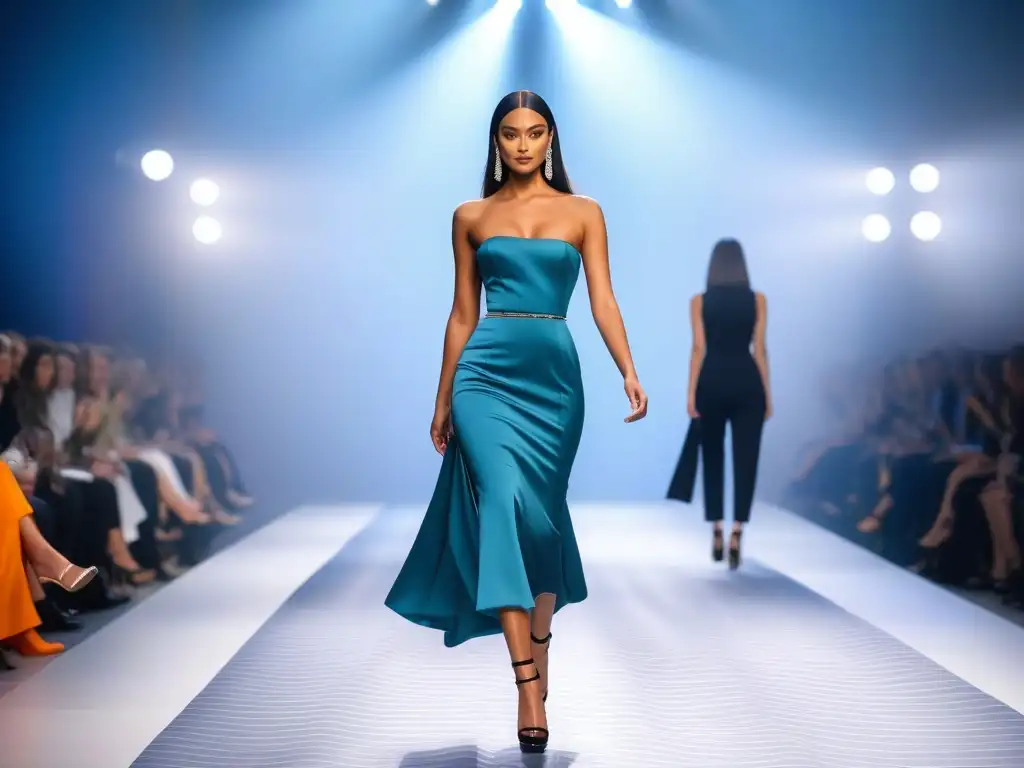 Desfilando con estilo: moda exclusiva para tallas pequeñas Desfile de moda con modelo en pasarela luciendo atuendo de marca especializada para tallas pequeñas, irradiando poder y estilo