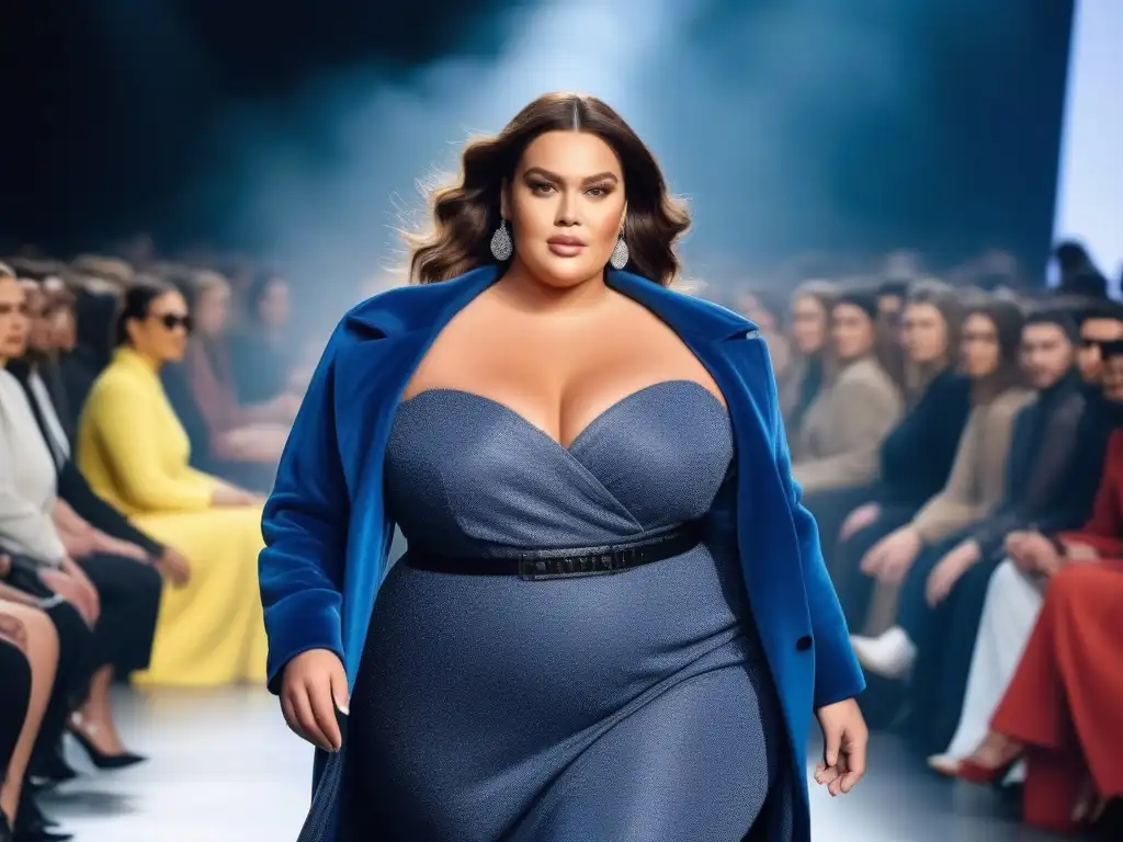 Desfile de moda plussize: empoderamiento y estilo a la vanguardia Desfile de moda plus size: modelo segura y empoderada desfilando en pasarela, desafiando estigmas con autoestima y estilo