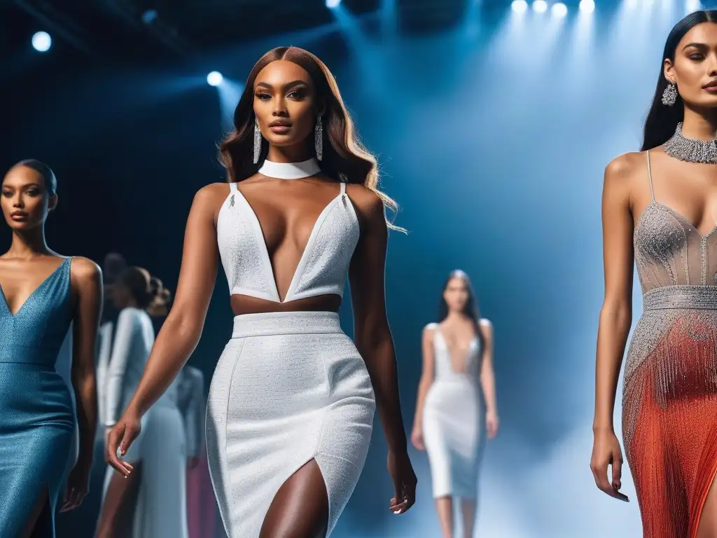 Desfile de moda para altos: elegancia y estilo en la pasarela Desfile de moda con modelos altos exhibiendo colaboraciones de tendencia para personas altas en una pasarela iluminada
