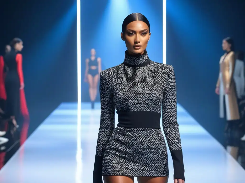 Desfile de moda alto y diverso: elegancia futurista Desfile de moda con modelos altos y diversos luciendo tendencias en una pasarela futurista