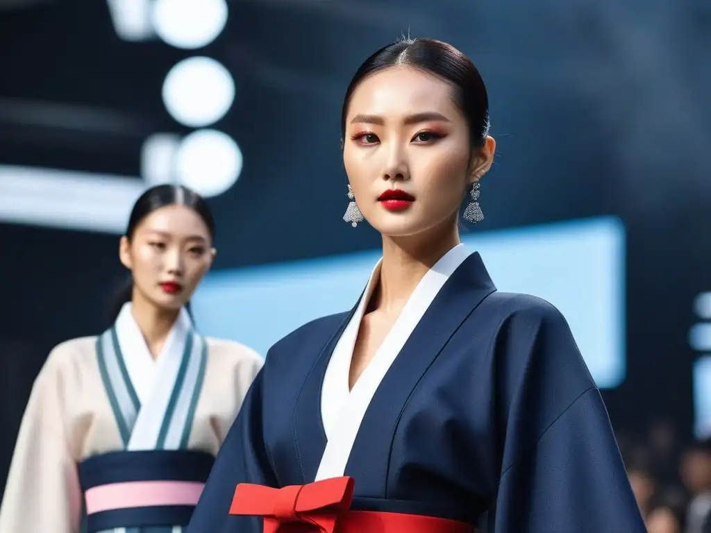 Desfile de moda en Seúl: Fusión de hanboks y diseño vanguardista Desfile de moda en Seúl con modelos altos luciendo hanboks y diseños vanguardistas, representando las tendencias inclusivas de la moda tall en Seúl