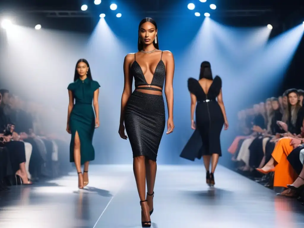 Desfile de moda diverso y empoderado: modelos rompiendo barreras Un desfile de moda con modelos altos y diversos exhibiendo atuendos modernos y elegantes