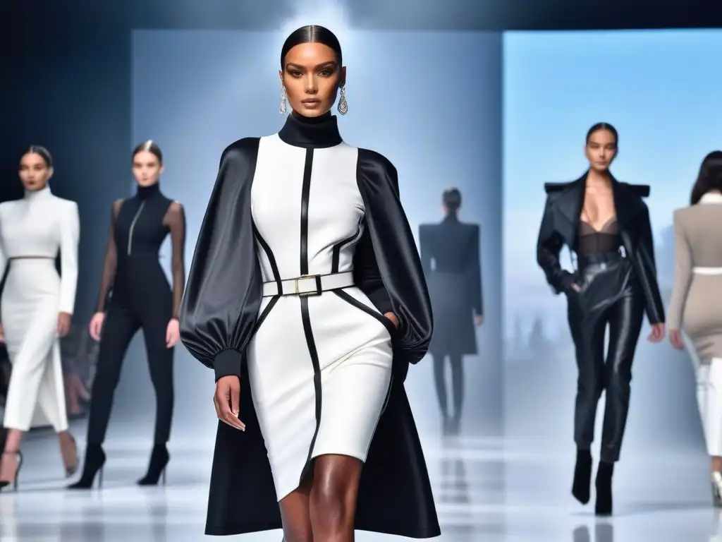 Desfile de moda alta: elegancia y vanguardia Desfile de moda con modelos altos y colaboraciones trendy en una pasarela moderna