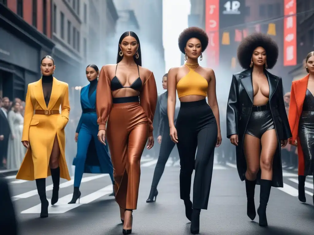 Diversidad en la pasarela: modelos modernos desfilan en NYC Desfile de moda en NYC con modelos diversos luciendo atuendos modernos