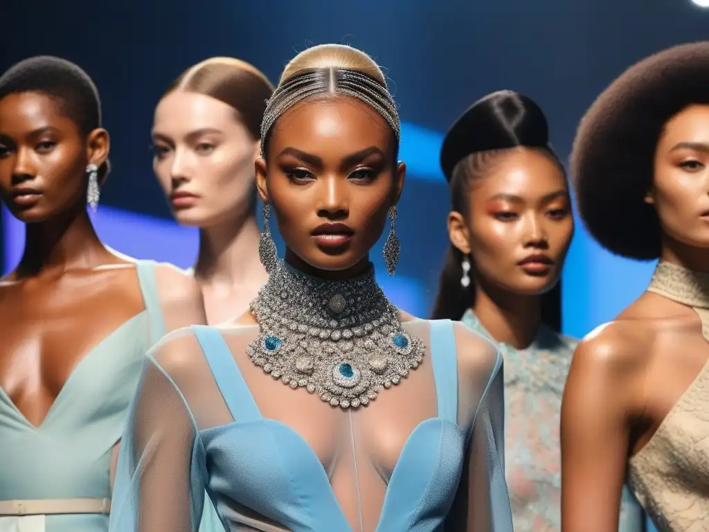 Pasarela de moda: Diversidad y empoderamiento en alta costura Un desfile de moda con modelos diversos, representando la belleza y la diversidad en la industria, al estilo de Naomi Campbell