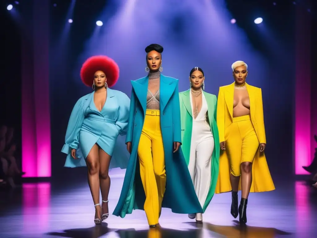 Desfile de moda inclusivo: trans y no binarios brillan en la pasarela Desfile de moda con modelos trans y no binarios mostrando marcas inclusivas para comunidad trans en una pasarela vibrante y colorida
