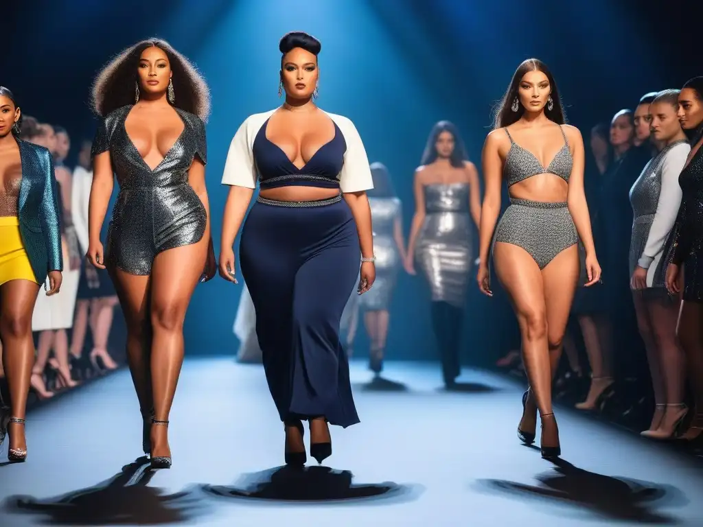 Desfile de moda diverso con modelos seguros y estilos únicos Desfile de moda con modelos de diferentes cuerpos mostrando diversidad en la pasarela