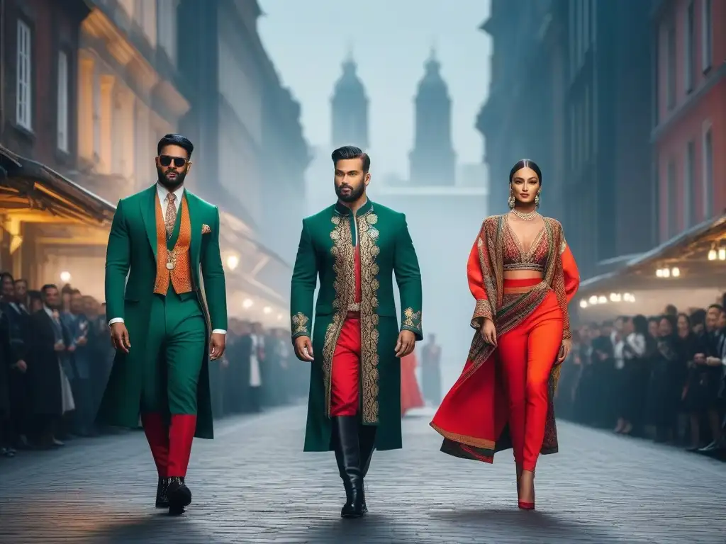 Desfile multicultural: moda y diversidad en la ciudad Desfile de moda con modelos de diferentes culturas luciendo trajes tradicionales, reflejando la diversidad cultural en la moda