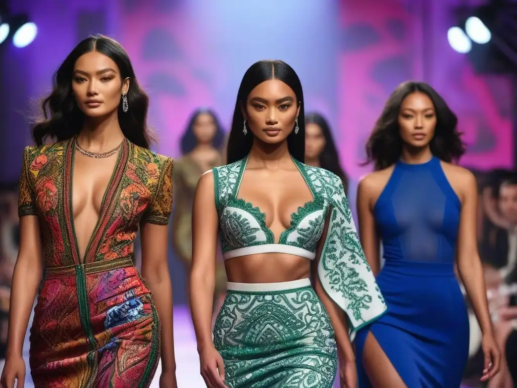 Desfile de moda inclusivo: diversidad étnica y empoderamiento cultural Desfile de moda con modelos diversos, llevando diseños únicos y coloridos que representan influencias culturales