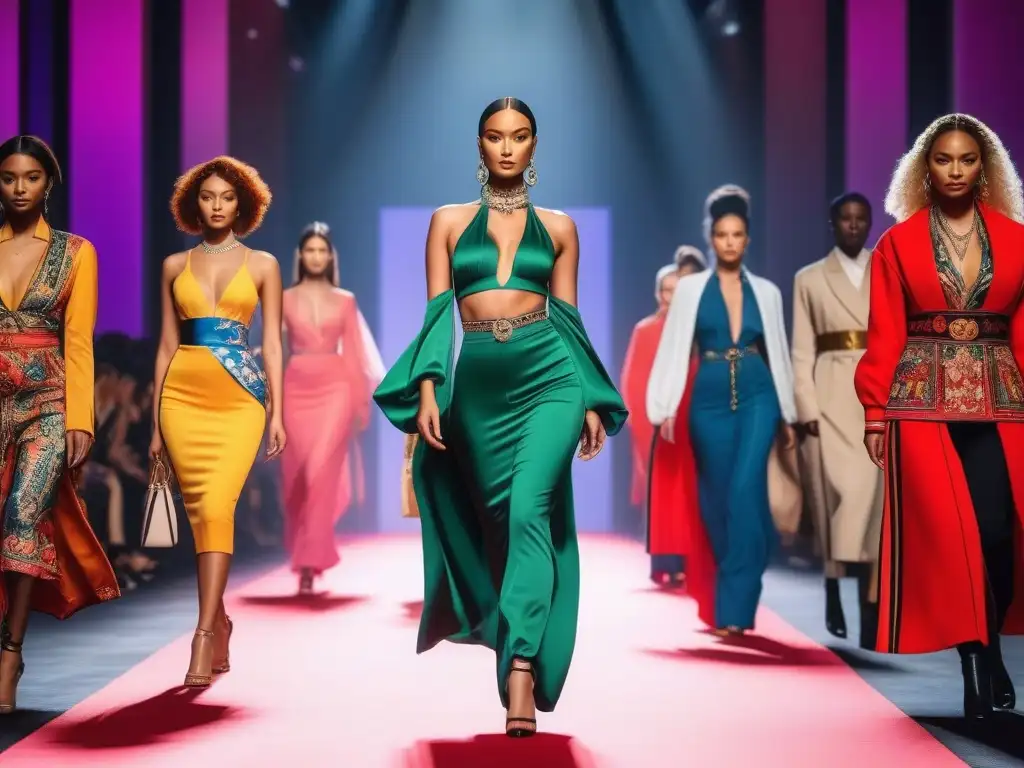 Pasarela multicultural: moda diversa y vibrante Desfile de moda con modelos diversos luciendo diseños vibrantes que celebran su cultura