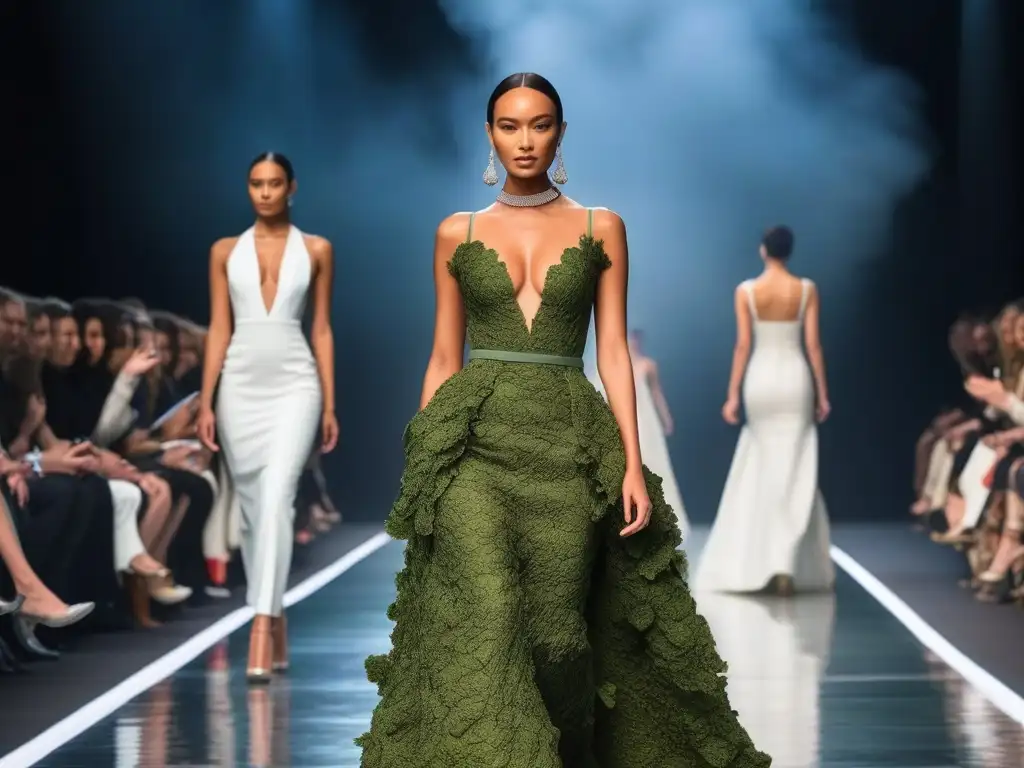 Desfile de moda sustentable: modelos con diseños innovadores de algas Desfile de moda con modelos usando diseños innovadores de algas marinas, promoviendo la sostenibilidad y la inclusión en la industria de la moda