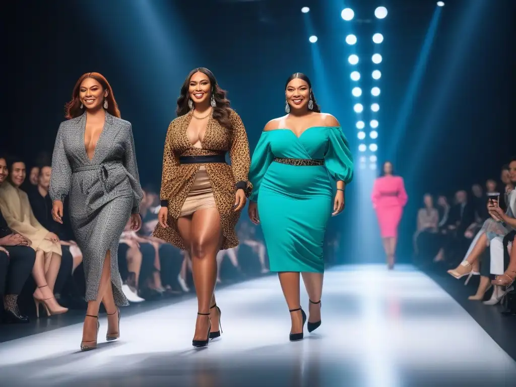 Desfile de moda inclusivo y empoderado con modelos sonrientes Desfile de moda con modelos diversas en pasarela con marcas moda tallas inclusivas éticas