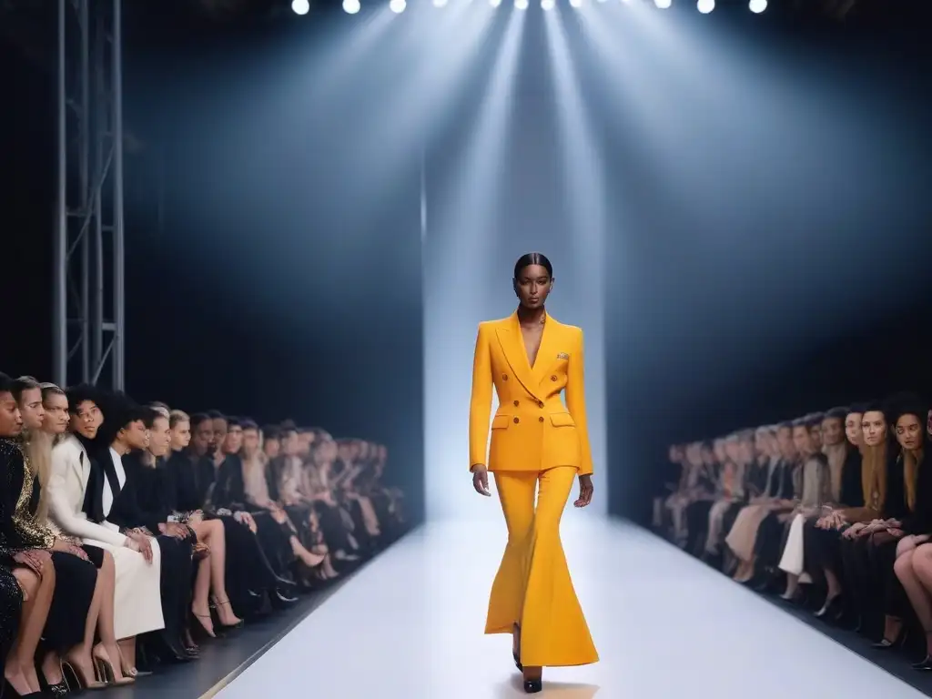 Desfile Yves Saint Laurent: Diversidad y elegancia en la pasarela Desfile de moda con modelos diversos de tallas inclusivas luciendo la línea de Yves Saint Laurent en pasarela elegante y moderna
