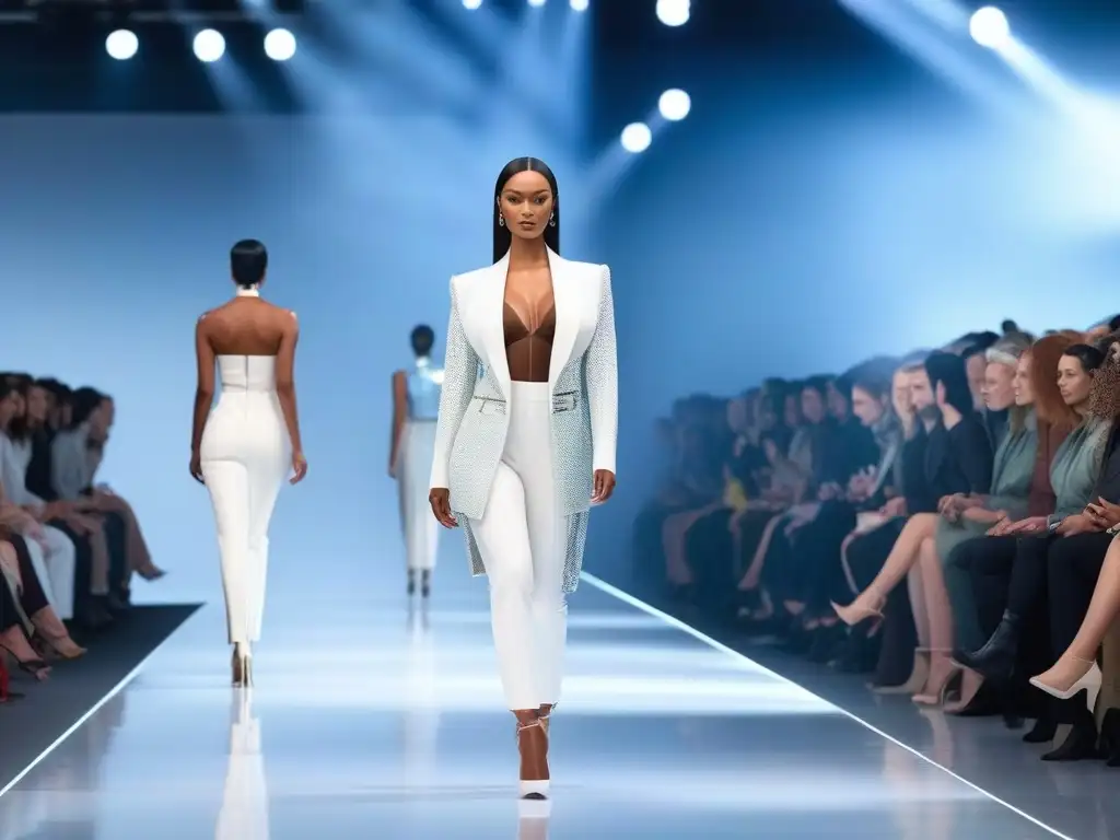 Desfile moda alta: diversidad y estilo futurista Un desfile de Moda Tall con modelos diversos caminando con estilo en un escenario futurista, mostrando ajuste virtual personalizado