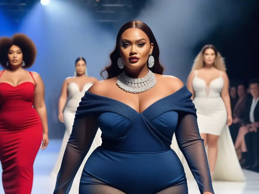 Desfile de moda inclusivo: modelos plus size empoderadas en la pasarela Desfile de moda plus: modelos diversos muestran diseños inclusivos, irradiando confianza y empoderamiento