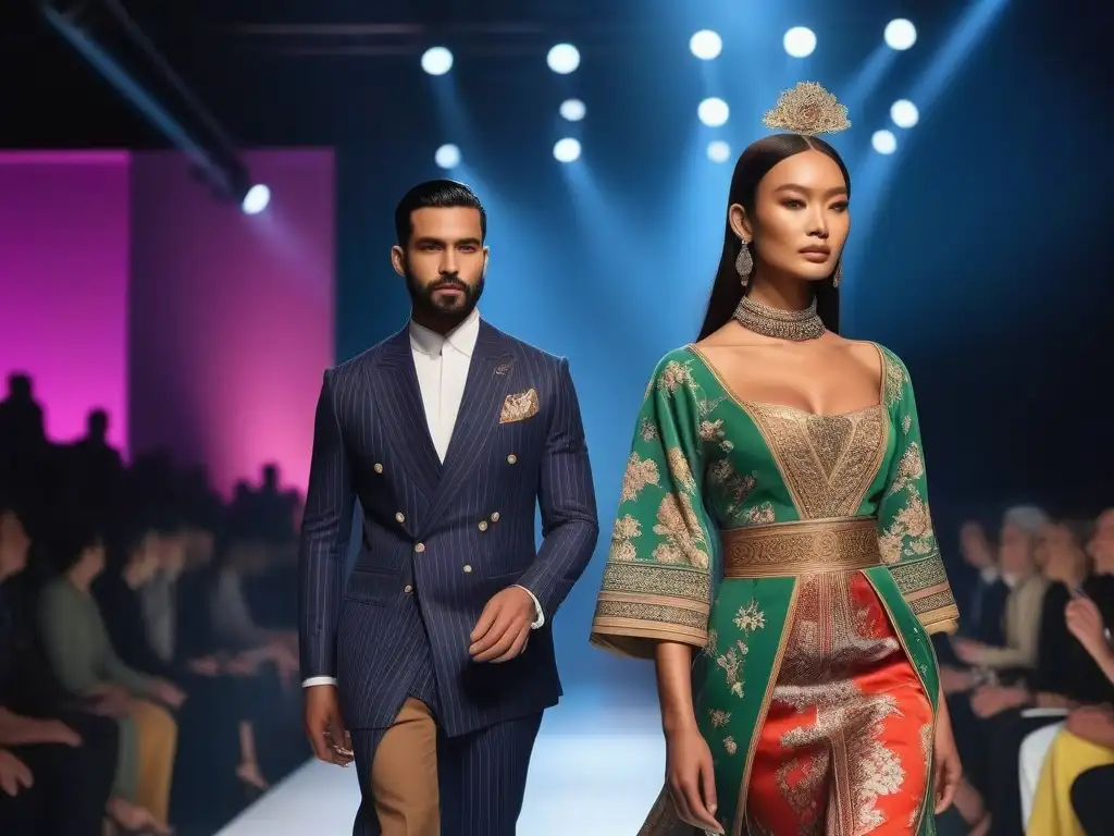 Desfile de moda multicultural: modelos únicos en pasarela elegante Desfile de moda con modelos culturalmente diversos en pasarela, resaltando la importancia del lenguaje en moda