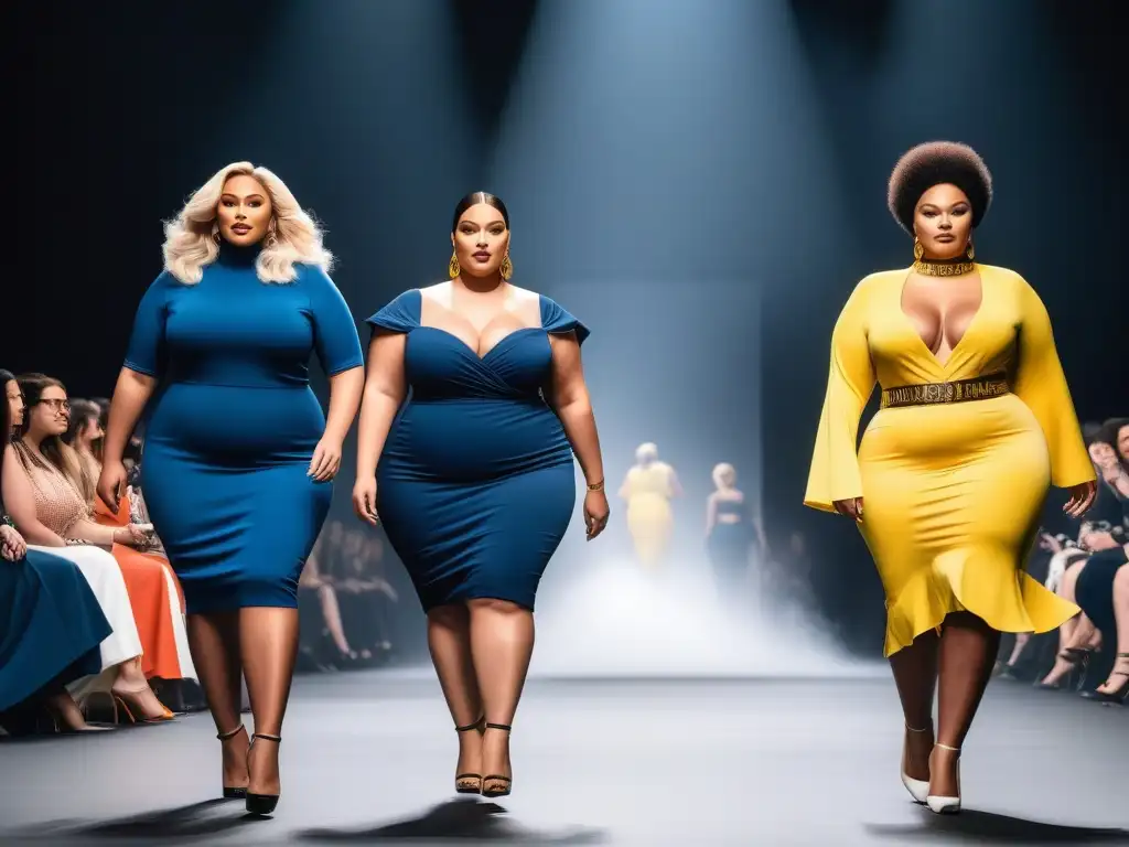 Desfile de moda: Empoderamiento y diversidad en tallas grandes Desfile de moda con modelos plus size empoderadas luciendo diseños trendy