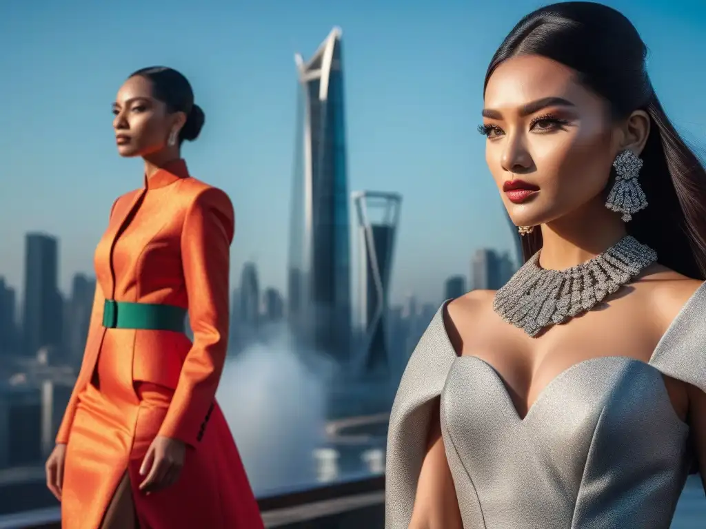 Desfile de moda multicultural en ciudad futurista Desfile de moda con modelos étnicos luciendo atuendos vibrantes en una ciudad futurista