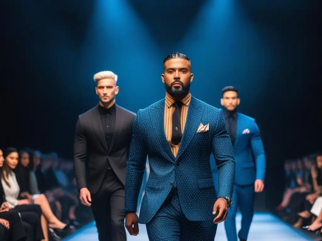 Desfile de moda inclusiva con modelos diversos caminando con confianza Desfile de moda con modelos masculinos diversos mostrando estilos inclusivos