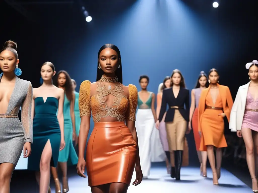 Desfile de moda inclusivo con modelos diversas Desfile de moda con modelos petite mostrando outfits inclusivos y diversos en una pasarela de alta costura