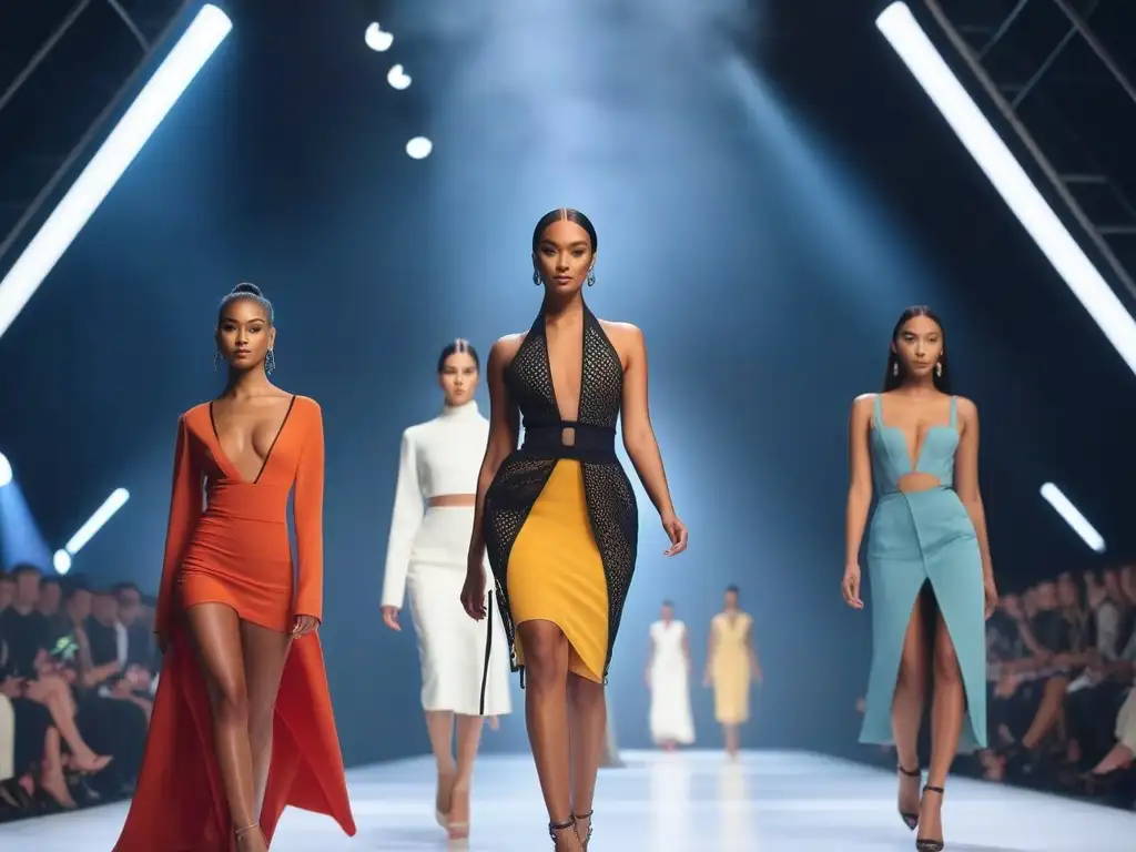 Pasarela sostenible: Petite modelos étnicas desfilan con estilo en 8k Desfile de moda con modelos petite de diversas etnias y estilos, mostrando la moda petite sostenible y diversidad en un escenario futurista