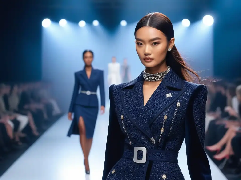 Desfile de moda petite: innovación y estilo en pasarela Desfile de moda con modelos petite luciendo tendencias innovadoras en una pasarela futurista