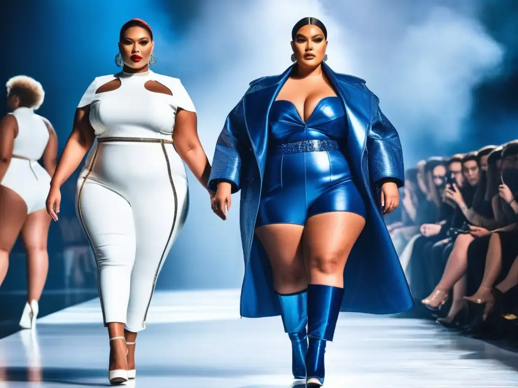 Desfile de moda plus size: innovación, inclusividad y estilo Desfile de moda plus size con modelos en prendas innovadoras y materiales vanguardistas