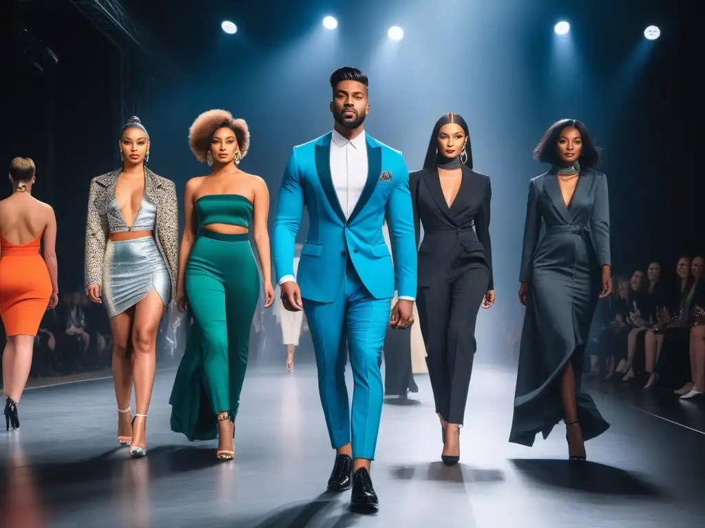 Desfile de moda inclusivo y empoderador con modelos diversos en la pasarela Desfile de moda con modelos de diferentes razas, tallas y géneros mostrando diversidad en la pasarela