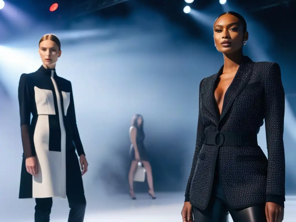 Desfile de moda alta: estilos únicos y empoderamiento en la pasarela Desfile de moda tall: modelos seguras y diversas lucen outfits únicos en una pasarela moderna con luces brillantes