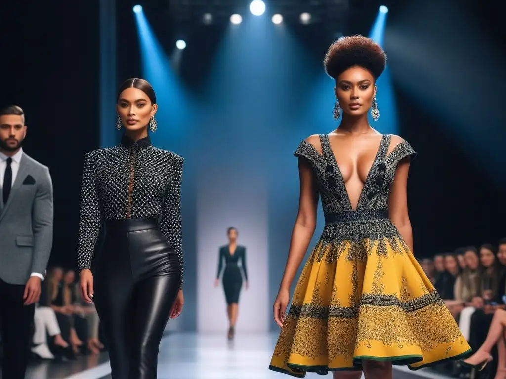 Desfile de moda inclusivo y moderno con modelos petite empoderadas Desfile de moda con modelos petite seguras y diversas, luciendo atuendos empoderados en una pasarela moderna y estilizada