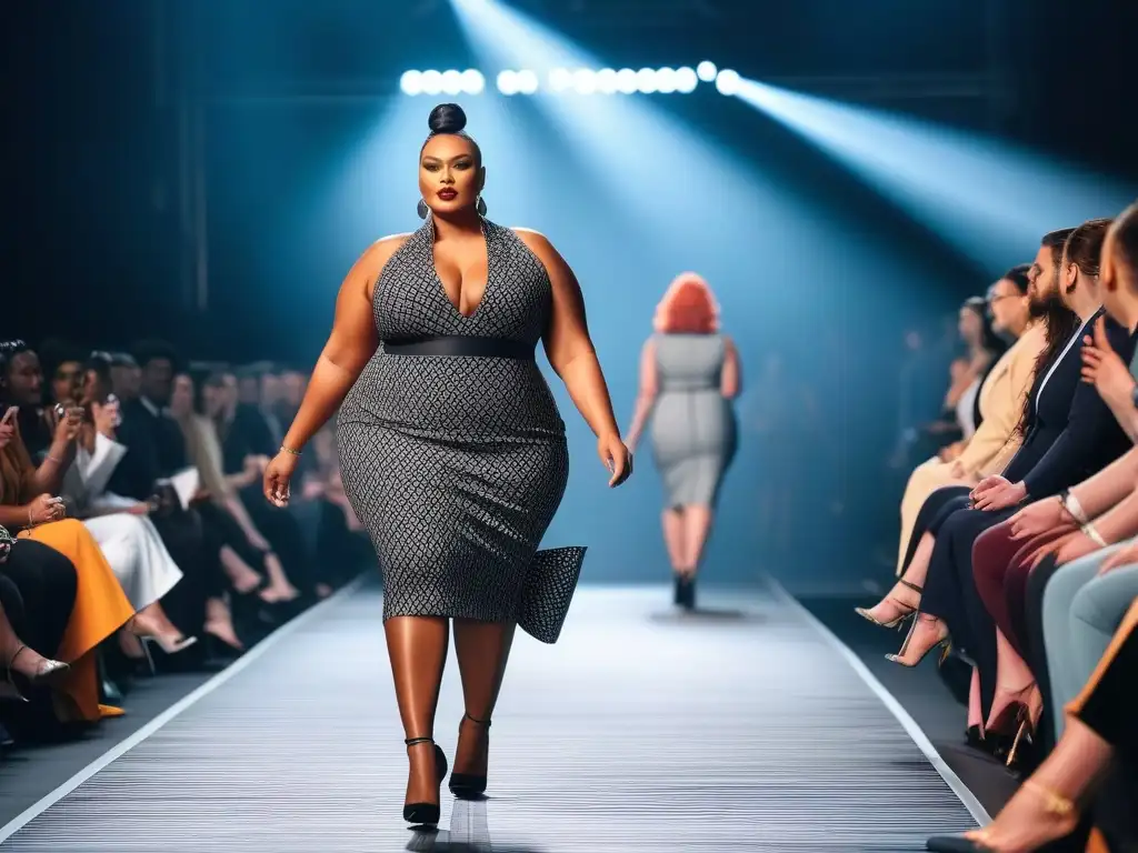 Desfile empoderado de modelos plus size en outfits modernos y coloridos Un desfile de moda plus size con modelos seguras y modernas, mostrando la evolución de la moda plus size en la última década