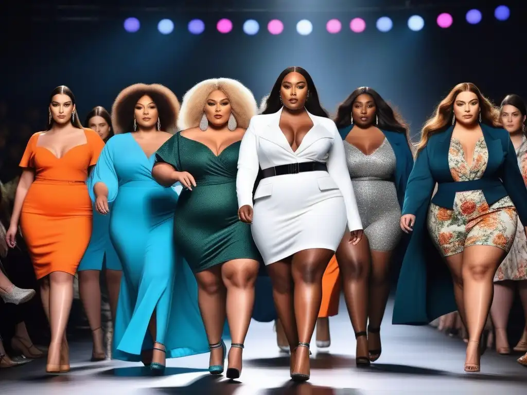 Desfile de moda plus size: diversidad y estilo en la pasarela Desfile de moda plus size con modelos seguras, mostrando evolución en la historia de la moda plus size