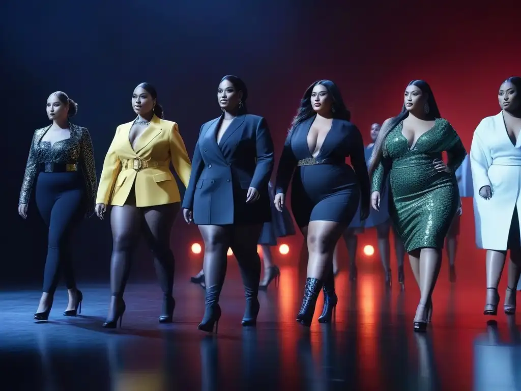 Desfile de moda plus size 2023: modelos empoderadas en pasarela futurista Desfile de moda plus size 2023: modelos seguras y empoderadas luciendo tendencias en una pasarela futurista