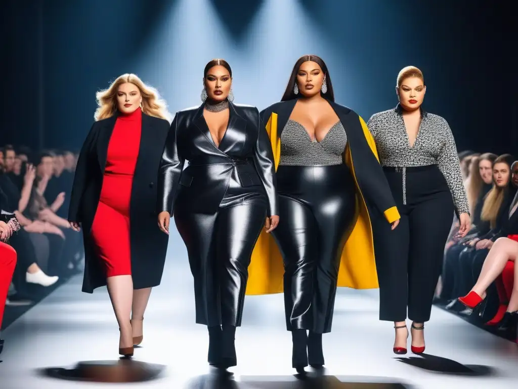 Desfile de moda plus size 2023: empoderamiento y estilo Un desfile de moda con modelos plus size seguras y modernas, exhibiendo las tendencias moda plus size 2023 en una pasarela futurista y elegante