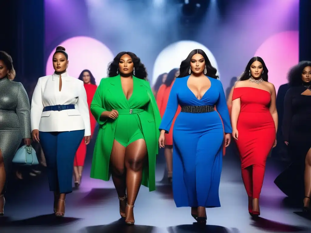 Desfile de moda plussize: empoderamiento y diversidad fashion Un desfile de moda plus size con modelos seguras y modernas, exhibiendo innovaciones y tendencias en colores vibrantes